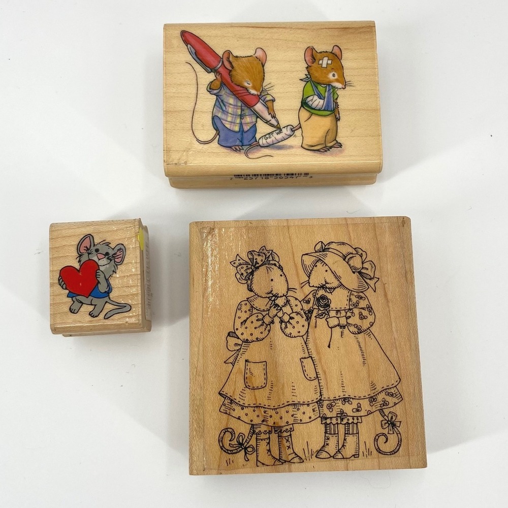Set of 3 Rubber Stamps Mouse Friends Heart Pen Medical Cute Crafting Art, Animal